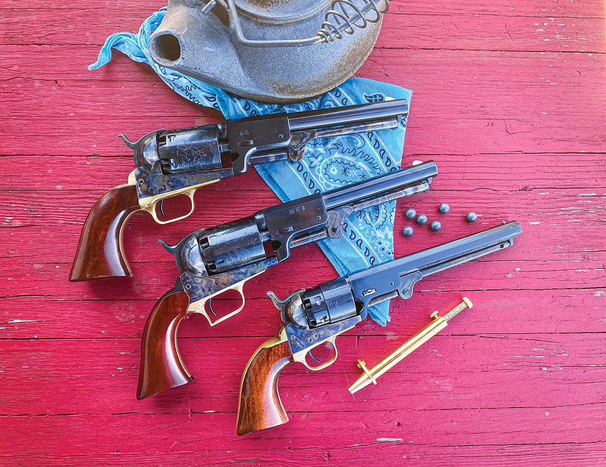 These Cimarron replica dragoons – a 3rd Model (top) and the Whitneyville Walker (center) – are representative of the large frame handguns carried into conflicts by the Texas Rangers, the California Column, Arizona Confederate Cavalry and mounted infantry in conflicts around the West. The 1851 Navy (bottom) was a favorite belt gun, often chambered in .36 caliber.